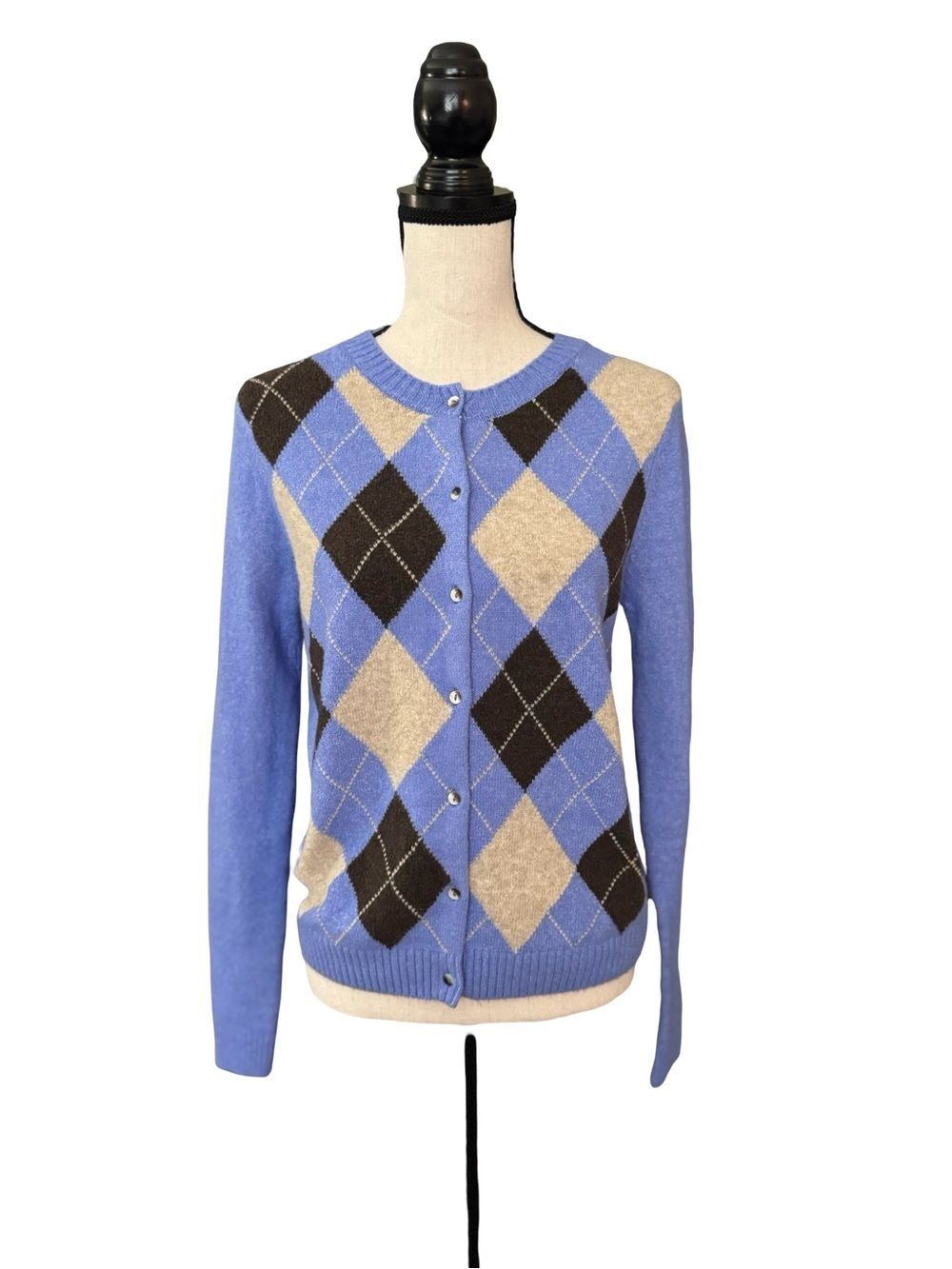 Kimchi Blue Argyle Cardigan Sweater Medium Blue Black Beige Button Front Preppy